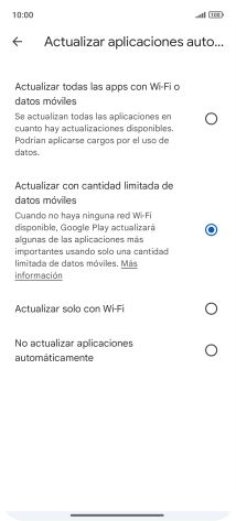 Para activar la actualización automática de apps a través de la red móvil, pulsa el campo junto a Para activar la actualización automática de apps a través de la red móvil, pulsa el campo junto a