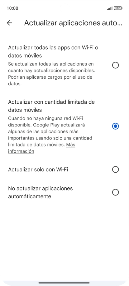 Para activar la actualización automática de apps a través de la red móvil, pulsa el campo junto a Para activar la actualización automática de apps a través de la red móvil, pulsa el campo junto a