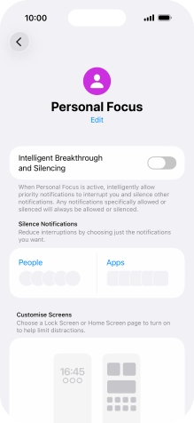 Press People and follow the instructions on the screen to select which contacts you would like to receive calls and notifications from when the selected focus mode is active. Press People and follow the instructions on the screen to select which contacts you would like to receive calls and notifications from when the selected focus mode is active.