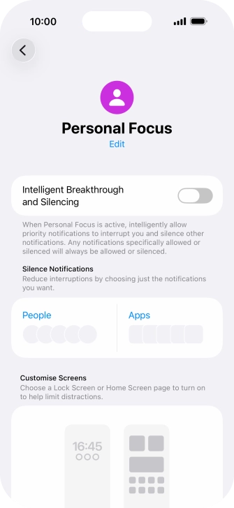 Press People and follow the instructions on the screen to select which contacts you would like to receive calls and notifications from when the selected focus mode is active. Press People and follow the instructions on the screen to select which contacts you would like to receive calls and notifications from when the selected focus mode is active.