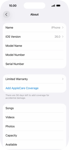 Your phone's software version is displayed next to iOS Version.