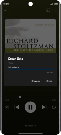 Introduce el nombre deseado de la lista de reproducción y pulsa Crear. Introduce el nombre deseado de la lista de reproducción y pulsa Crear.