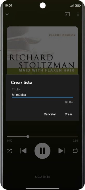 Introduce el nombre deseado de la lista de reproducción y pulsa Crear. Introduce el nombre deseado de la lista de reproducción y pulsa Crear.