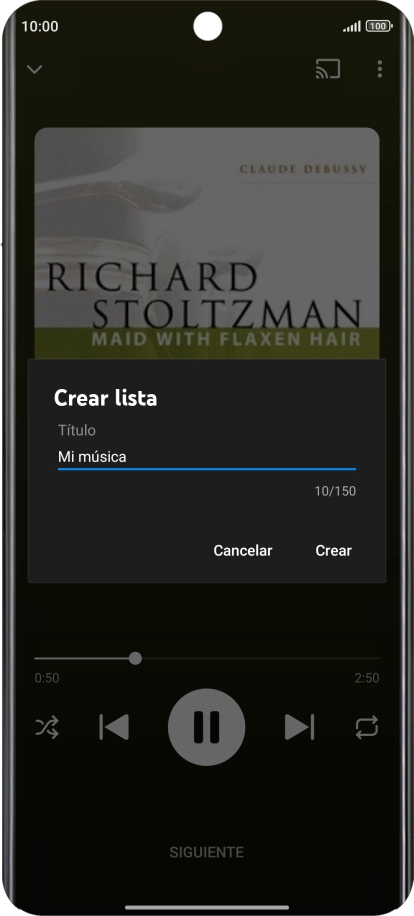 Introduce el nombre deseado de la lista de reproducción y pulsa Crear. Introduce el nombre deseado de la lista de reproducción y pulsa Crear.