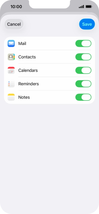 Press the indicators next to the required data types to turn synchronisation of each data type on or off. Press the indicators next to the required data types to turn synchronisation of each data type on or off.