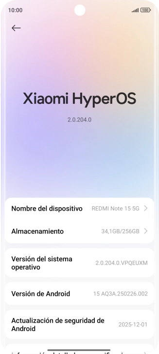 Pulsa Xiaomi HyperOS. Si hay una versión de software nueva disponible, aparecerá ahora en la pantalla. Sigue las indicaciones de la pantalla para actualizar el software del teléfono.