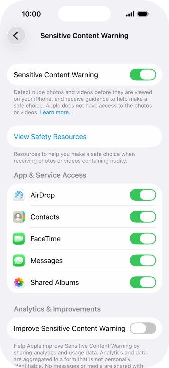 Press the indicators next to the required applications to turn the function on or off.