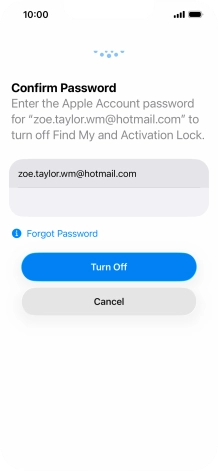 Key in the password for your Apple Account and press Turn Off. Wait a moment while the factory default settings are restored. Follow the instructions on the screen to set up your phone and prepare it for use.