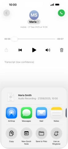 Press the required setting and follow the instructions on the screen to share or save the message.