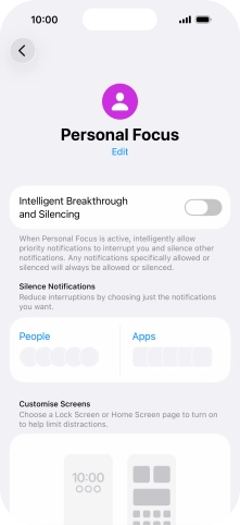 Press People and follow the instructions on the screen to select which contacts you would like to receive calls and notifications from when the selected focus mode is active.