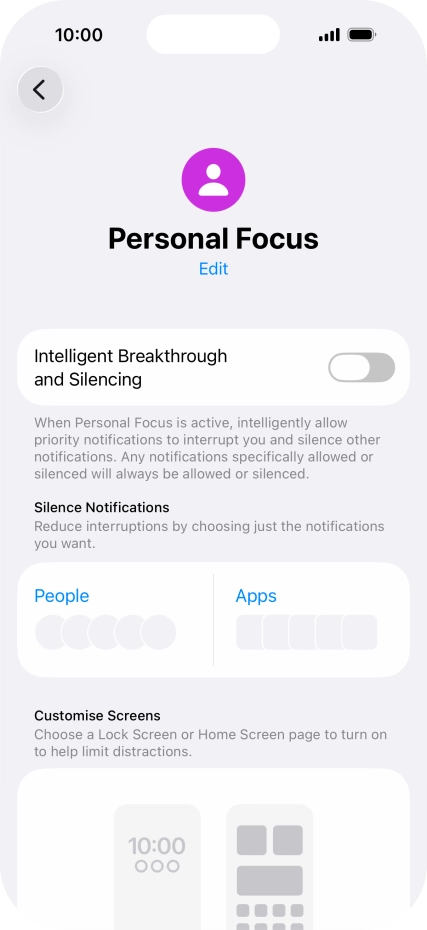 Press People and follow the instructions on the screen to select which contacts you would like to receive calls and notifications from when the selected focus mode is active.