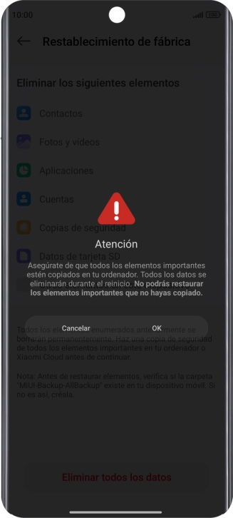 Pulsa OK. Espera unos instantes mientras el teléfono restablece la configuración predeterminada. Sigue las indicaciones de la pantalla para configurar el teléfono y dejarlo listo para su uso.