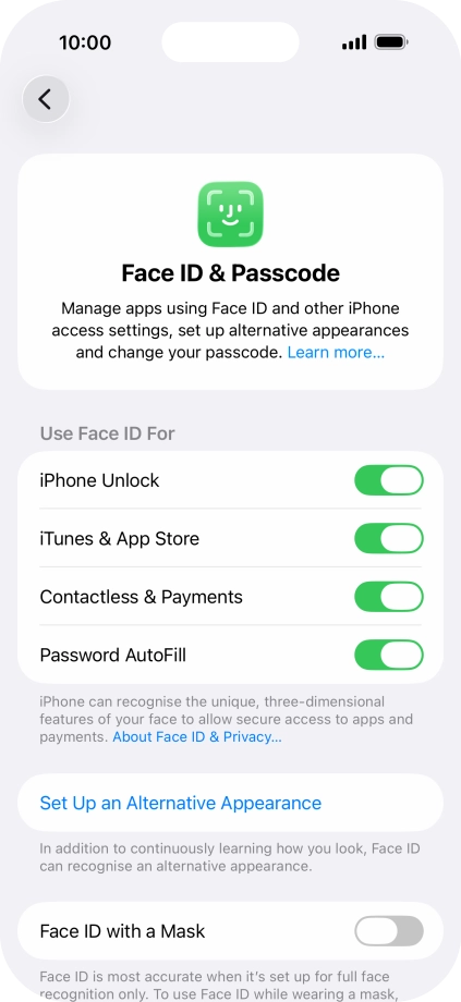 Press the indicators next to the required settings to turn them on or off.