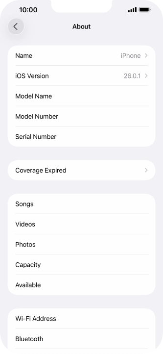 Your phone's software version is displayed next to iOS Version.