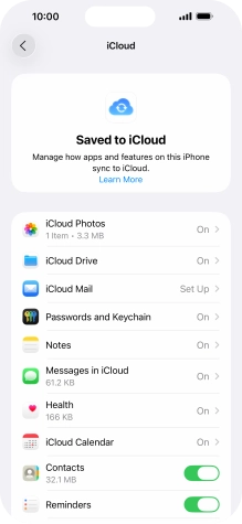 Press the indicators next to the required data types to turn synchronisation of each data type on or off.