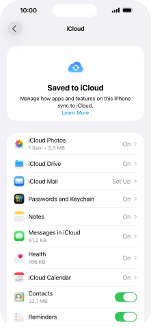 Press the indicators next to the required data types to turn synchronisation of each data type on or off.