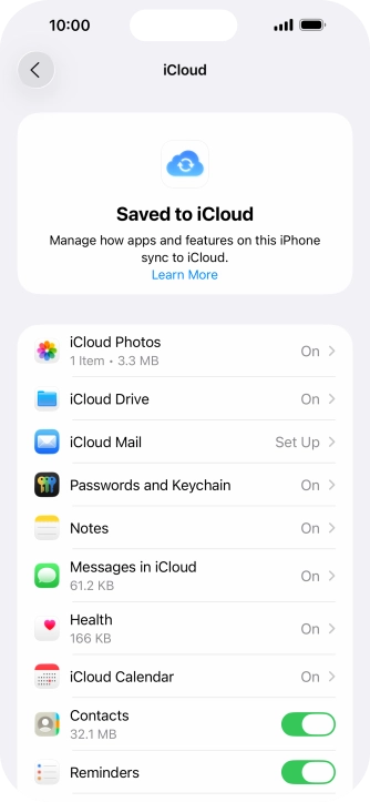Press the indicators next to the required data types to turn synchronisation of each data type on or off.