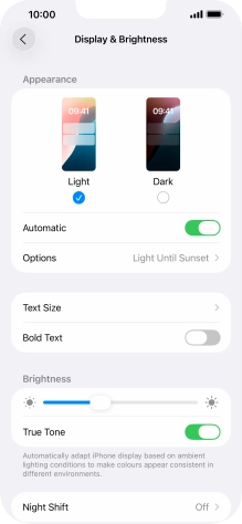 If you turn on the function, press Options and follow the instructions on the screen to select the required period of time for Dark Mode.