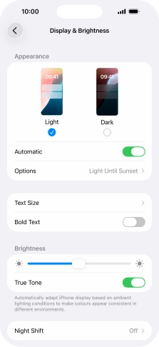 If you turn on the function, press Options and follow the instructions on the screen to select the required period of time for Dark Mode.