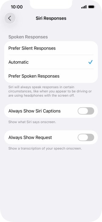 Press the required setting.
