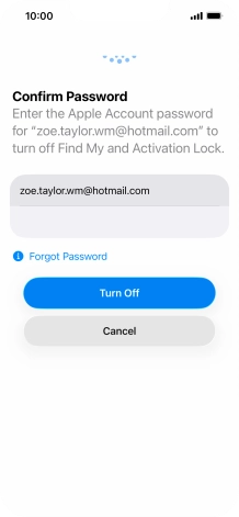 Key in the password for your Apple Account and press Turn Off. Wait a moment while the factory default settings are restored. Follow the instructions on the screen to set up your phone and prepare it for use.