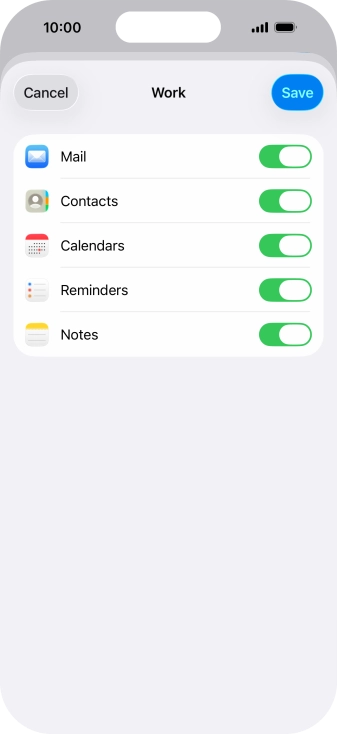 Press the indicators next to the required data types to turn synchronisation of each data type on or off.