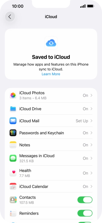 Press the indicators next to the required data types to turn synchronisation of each data type on or off. Press the indicators next to the required data types to turn synchronisation of each data type on or off.