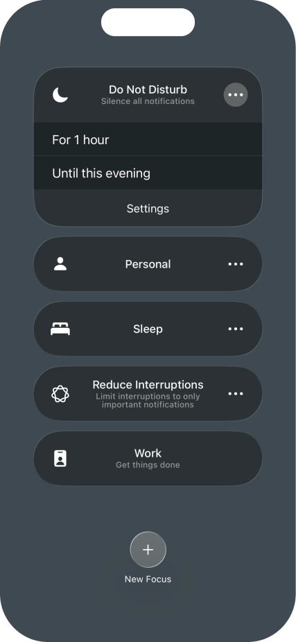 Press the required setting to activate the selected focus mode for a specified period of time or until you leave your current location.