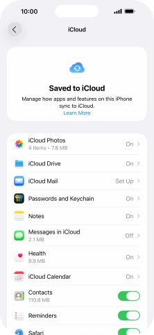 Press the indicators next to the required data types to turn synchronisation of each data type on or off.
