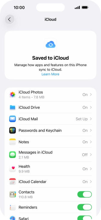 Press the indicators next to the required data types to turn synchronisation of each data type on or off.