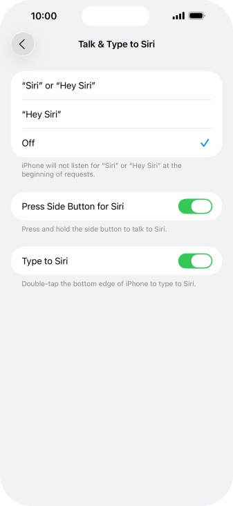 Press the required setting to turn the function on or off. If you turn on the function, you need to follow the instructions on the screen to set up Siri to recognise your voice.