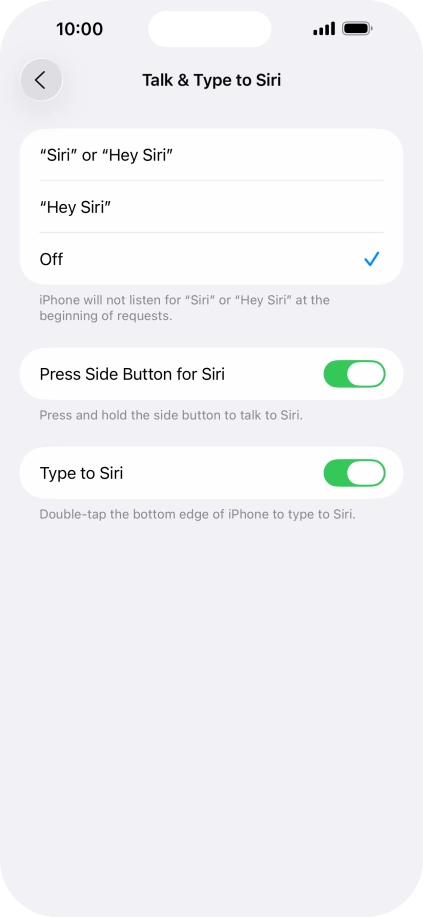 Press the required setting to turn the function on or off. If you turn on the function, you need to follow the instructions on the screen to set up Siri to recognise your voice.
