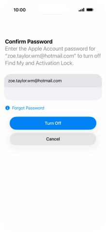 Key in the password for your Apple Account and press Turn Off. Wait a moment while the factory default settings are restored. Follow the instructions on the screen to set up your phone and prepare it for use.