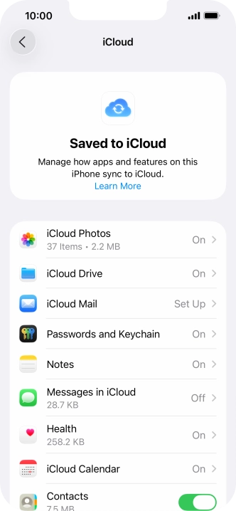 Press the indicators next to the required data types to turn synchronisation of each data type on or off.