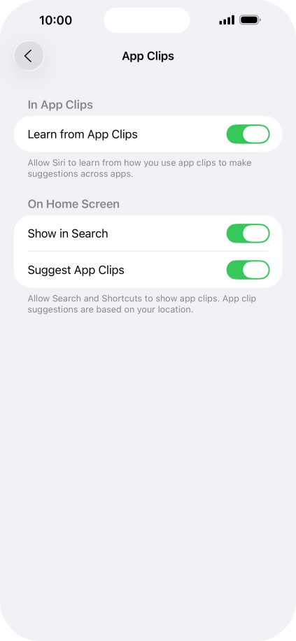 Press the indicators next to the required settings to turn them on or off.