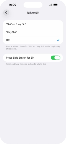 Press the required setting to turn the function on or off. If you turn on the function, you need to follow the instructions on the screen to set up Siri to recognise your voice.