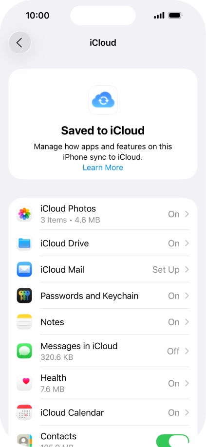 Press the indicators next to the required data types to turn synchronisation of each data type on or off. Press the indicators next to the required data types to turn synchronisation of each data type on or off.