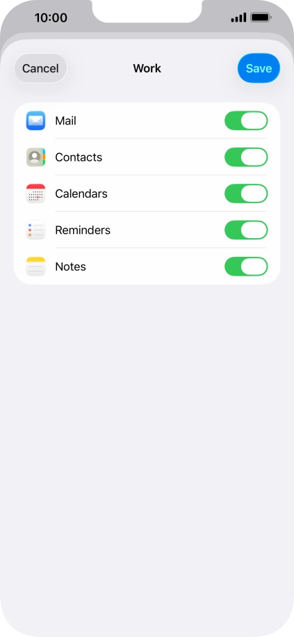 Press the indicators next to the required data types to turn synchronisation of each data type on or off.