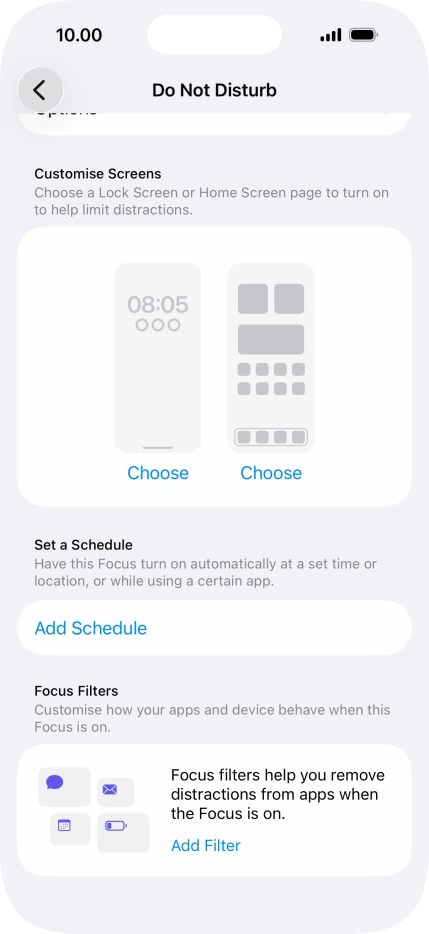 Press Add Schedule and follow the instructions on the screen to select settings for automatic activation of Do Not Disturb.