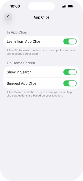 Press the indicators next to the required settings to turn them on or off.