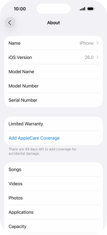Your phone's software version is displayed next to iOS Version.