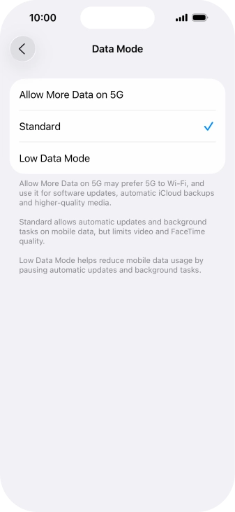 Press the required setting.
