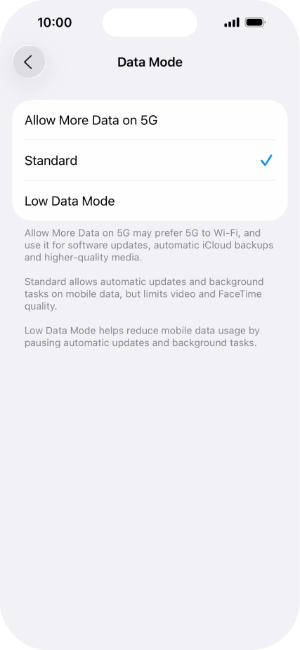 Press the required setting.