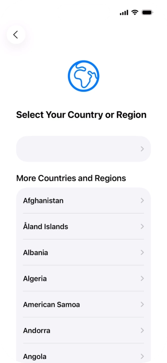 Press the required country or area. Press the required country or area.