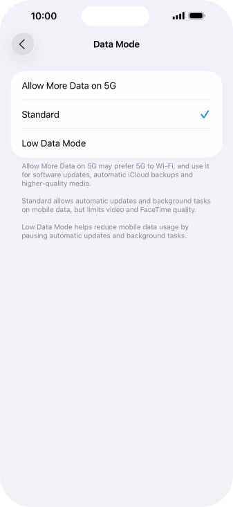 Press the required setting.