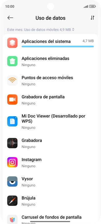 El consumo de datos por cada aplicación aparece bajo el nombre de la aplicación.