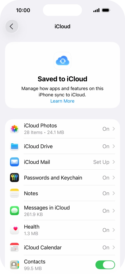 Press the indicators next to the required data types to turn synchronisation of each data type on or off.