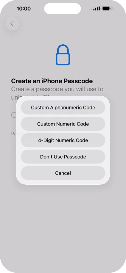 Follow the instructions on the screen to turn on use of phone lock code or press Don't Use Passcode.