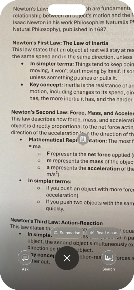 To use visual intelligence on a text, take a picture of the text, press the required setting and follow the instructions on the screen to use the function.