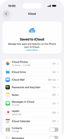 Press the indicators next to the required data types to turn synchronisation of each data type on or off.
